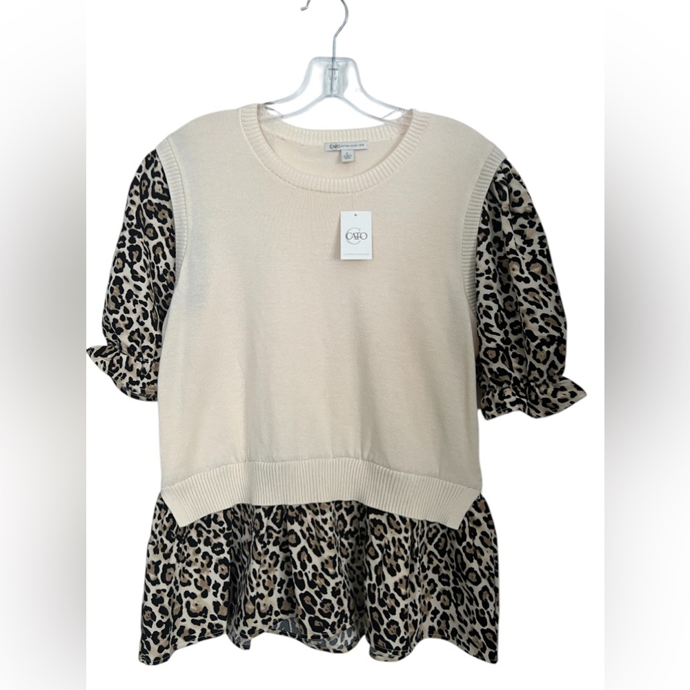 Cato Cream Layered Sweater Top with Leopard Print